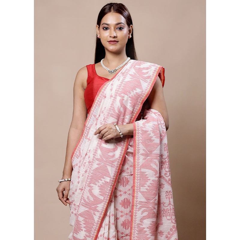 White Cotton Saree With Blouse Piece - JD986603955