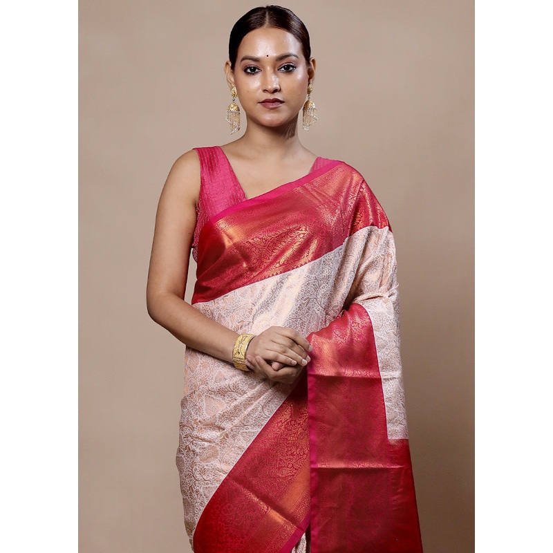White Kanjivaram Silk Saree With Blouse Piece - JD986603956
