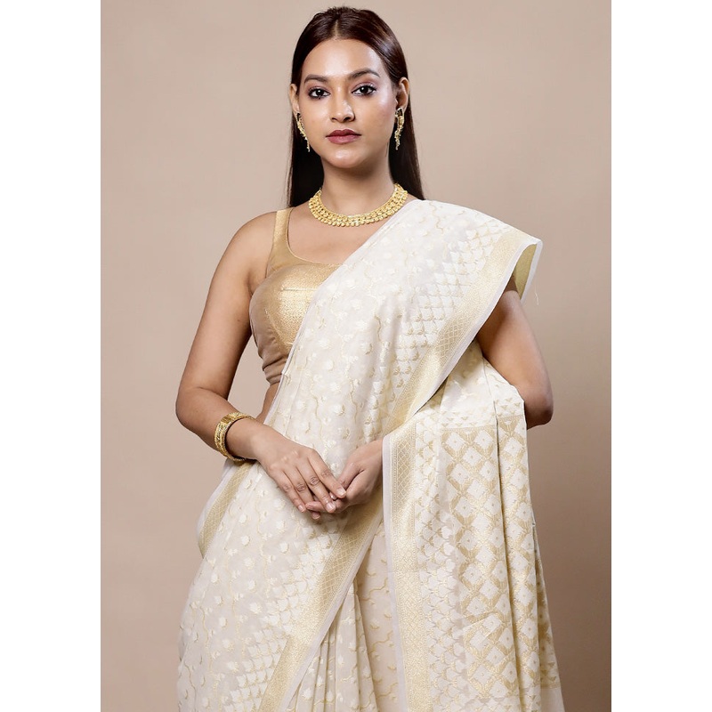White Kora Silk Saree With Blouse Piece - JD986603953