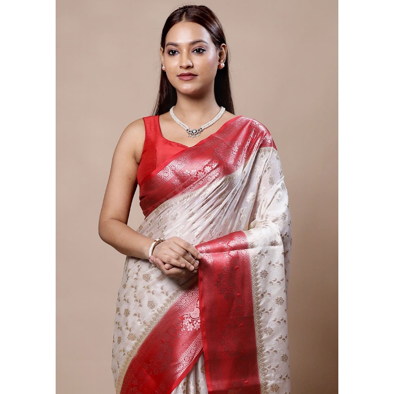 White Kora Silk Saree With Blouse Piece - JD986603954