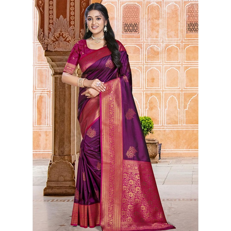 Wine Dupion Silk Saree With Blouse Piece - JD986604073
