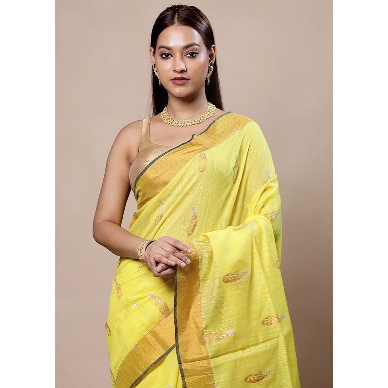 Yellow Cotton Saree With Blouse Piece - JD986603949