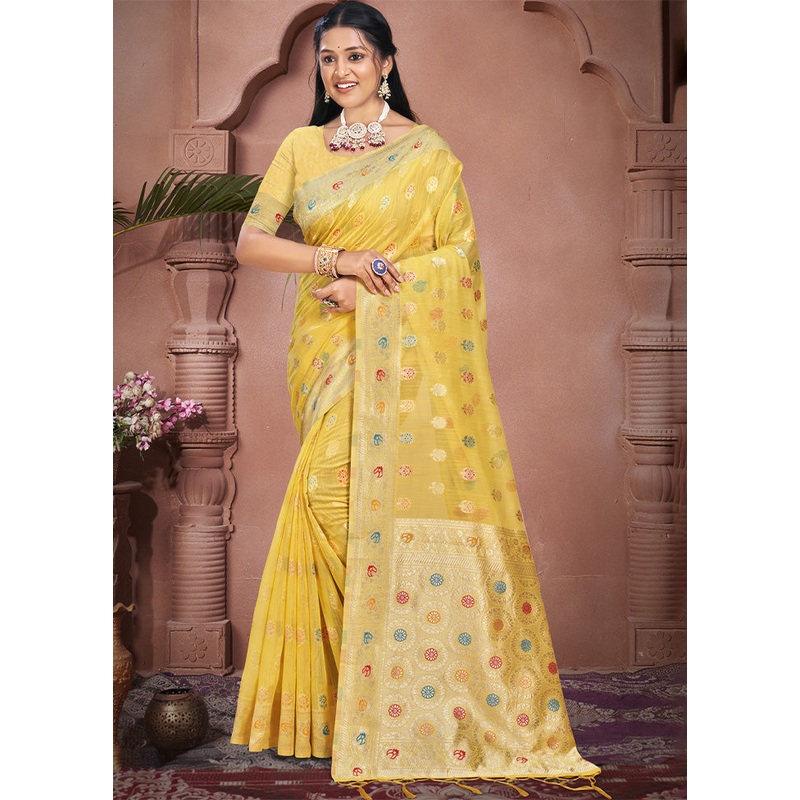 Yellow Cotton Saree With Blouse Piece - JD986604060