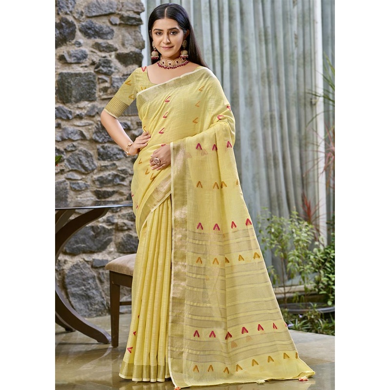 Yellow Cotton Saree With Blouse Piece - JD986604061