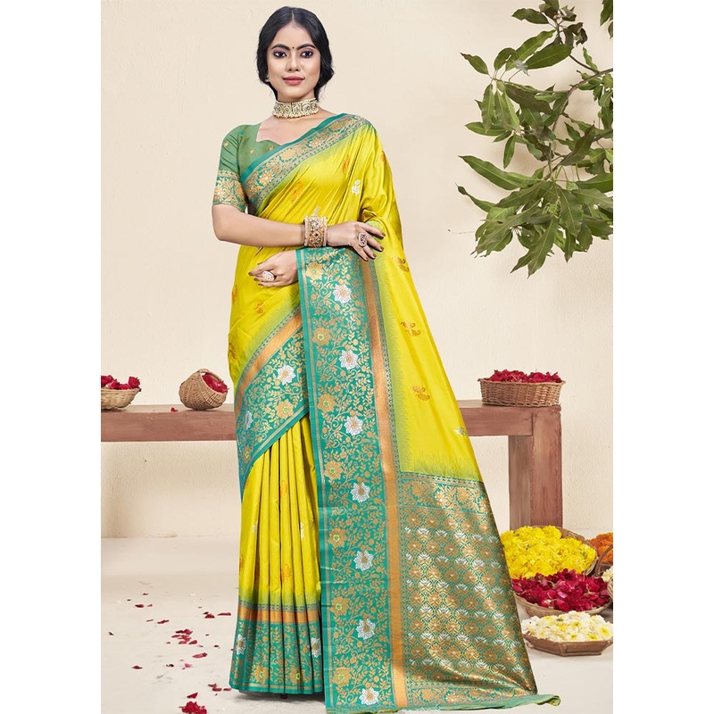 Yellow Dupion Silk Saree With Blouse Piece - JD986604054