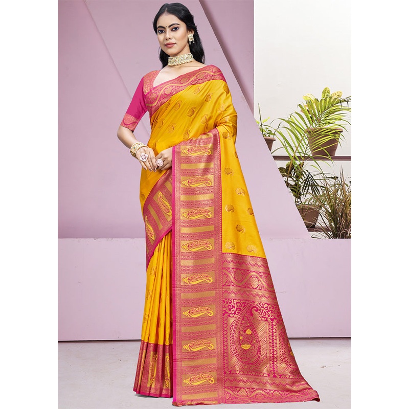 Yellow Dupion Silk Saree With Blouse Piece - JD986604055