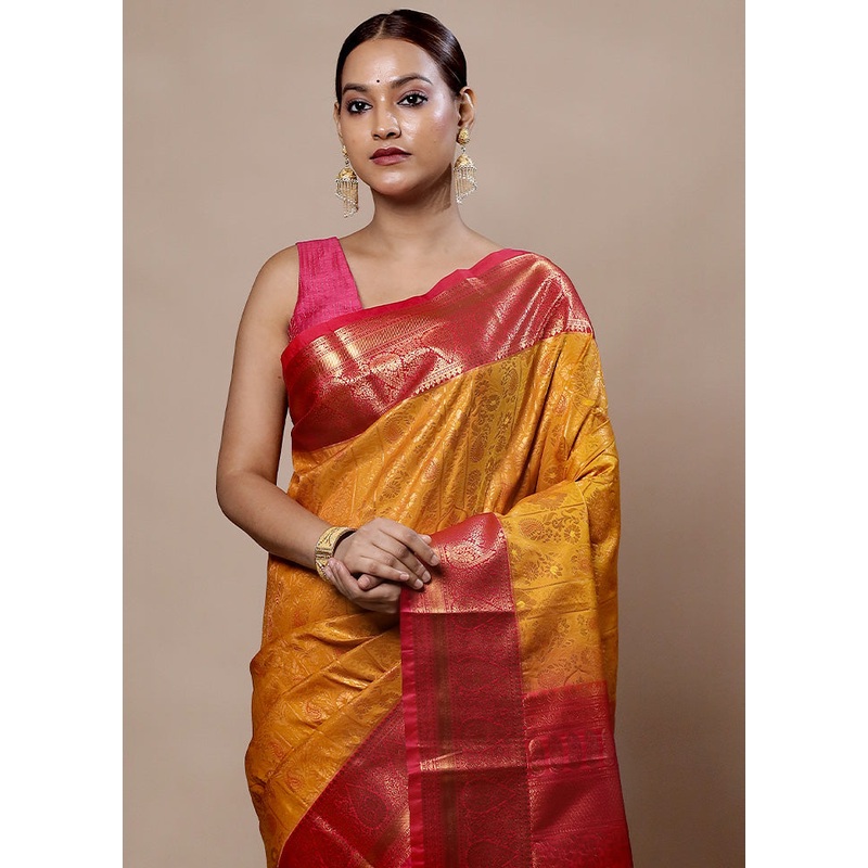 Yellow Kanjivaram Silk Saree With Blouse Piece - JD986603950