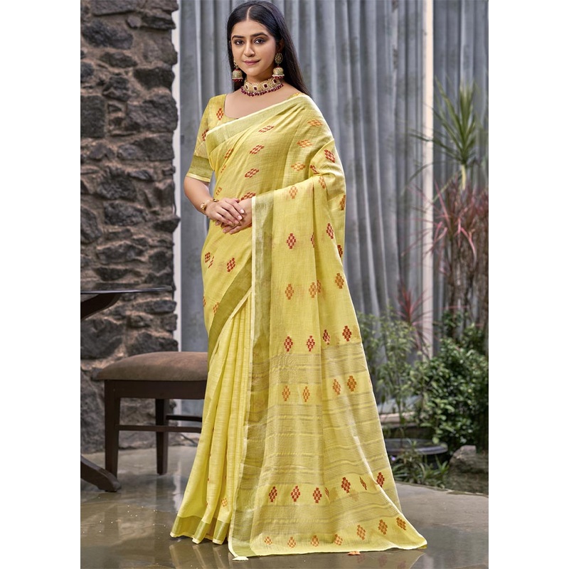 Yellow Linen Silk Saree With Blouse Piece - JD986604053