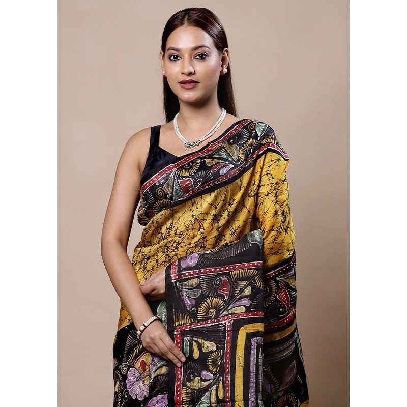 Yellow Printed Pure Silk Saree Without Blouse Piece - JD986603948