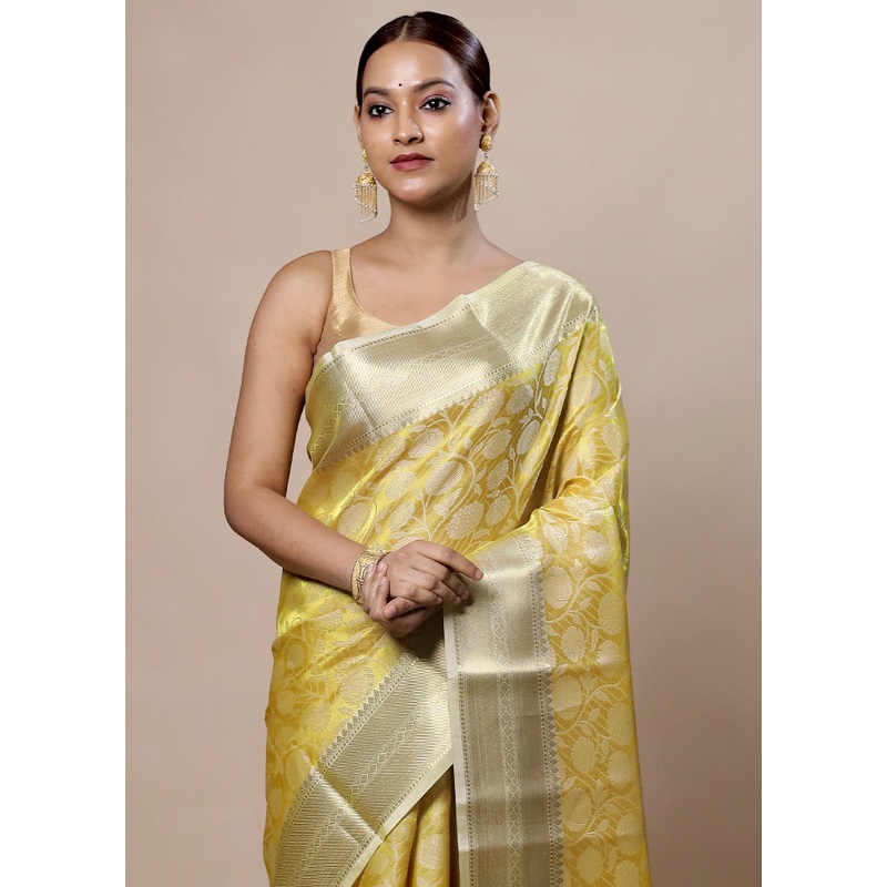 Yellow Tissue Silk Saree With Blouse Piece - JD986603945