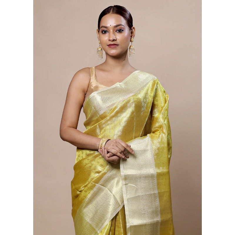 Yellow Tissue Silk Saree With Blouse Piece - JD986603946