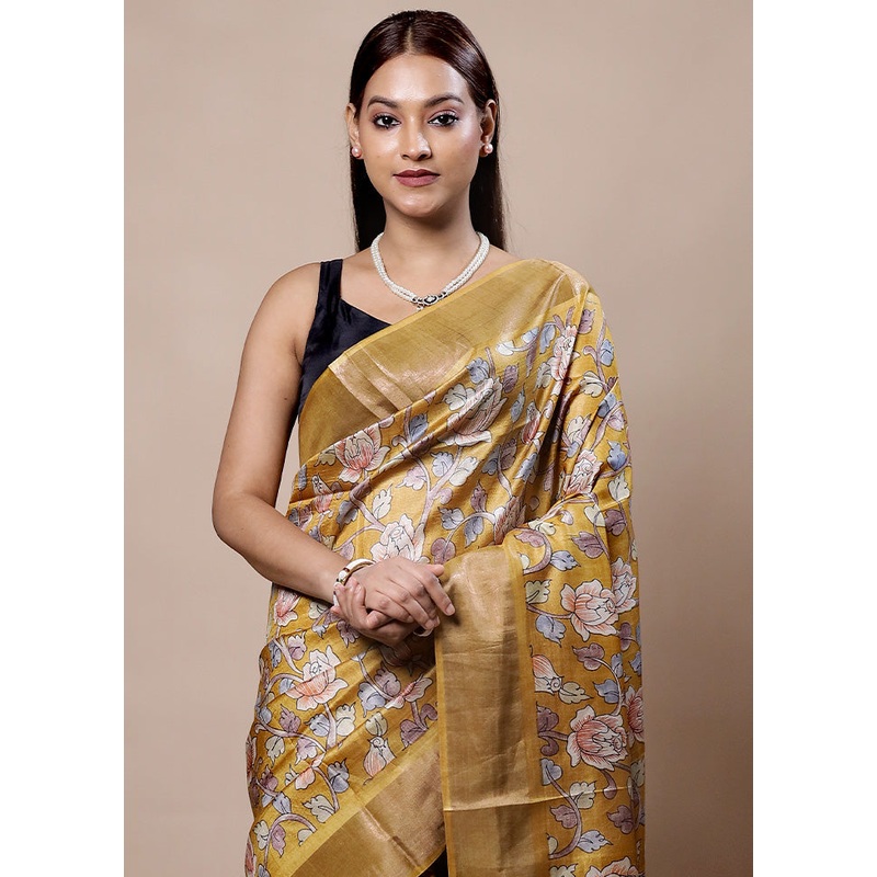 Yellow Tussar Silk Saree With Blouse Piece - JD986603944