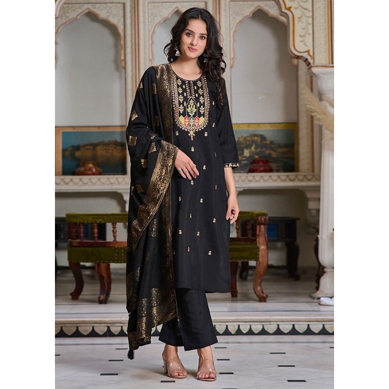 3 Pc Black Readymade Chanderi Suit Set - JD986603711