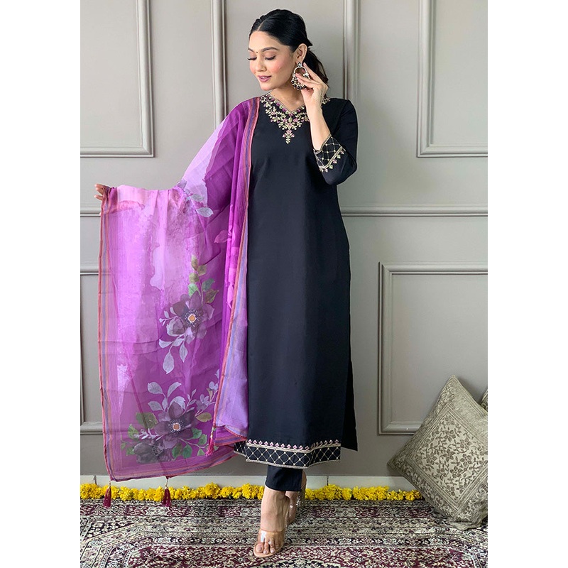 3 Pc Black Readymade Viscose Suit Set - JD986603708