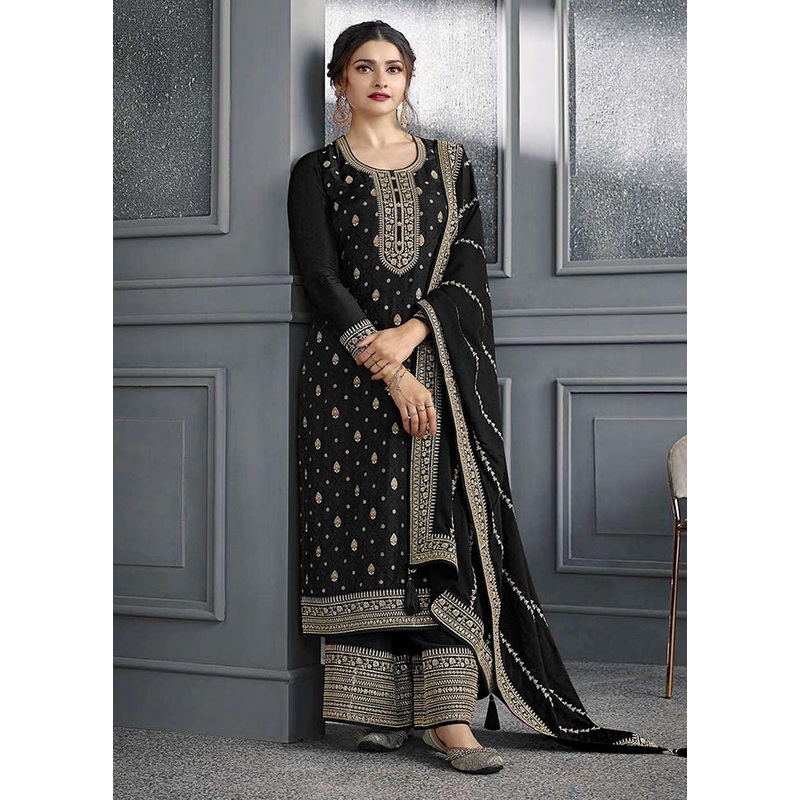 3 Pc Black Semi Stitched Silk Suit Set - JD986603816