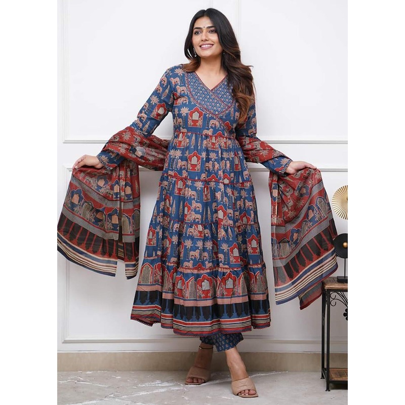 3 Pc Blue Readymade Cotton Suit Set - JD986603707