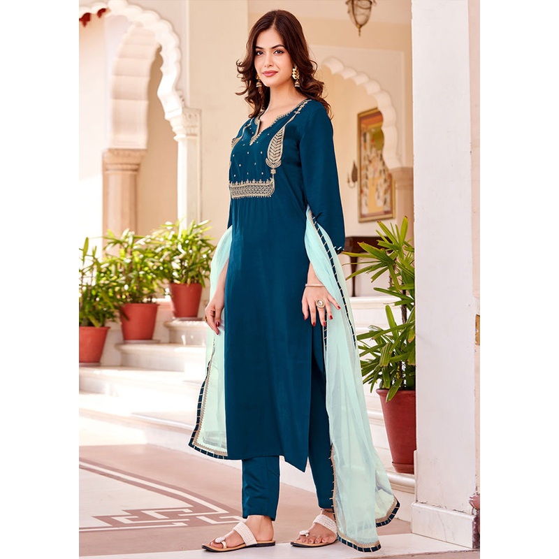 3 Pc Blue Readymade Silk Suit Set - JD986603706