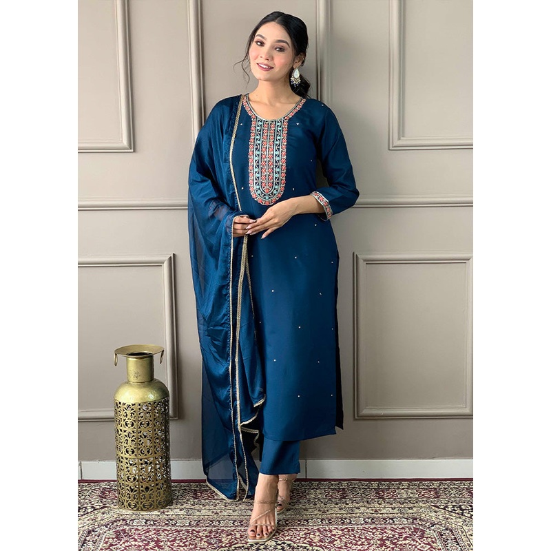 3 Pc Blue Readymade Viscose Suit Set - JD986603705