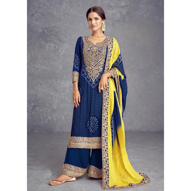 3 Pc Blue Semi Stitched Silk Suit Set - JD986603815