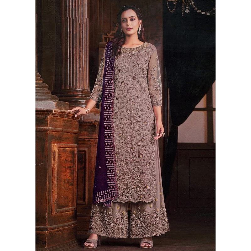 3 Pc Brown Semi Stitched Net Suit Set - JD986603813