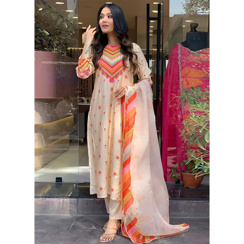 3 Pc Cream Readymade Silk Suit Set - JD986603704
