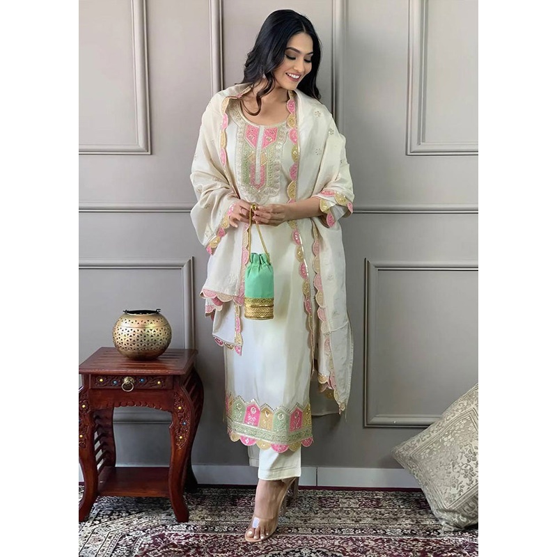 3 Pc Cream Readymade Viscose Suit Set - JD986603702