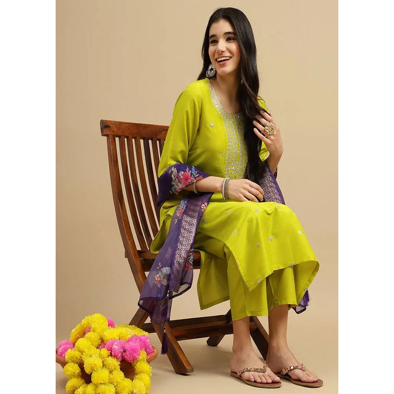 3 Pc Green Readymade Silk Suit Set - JD986603701