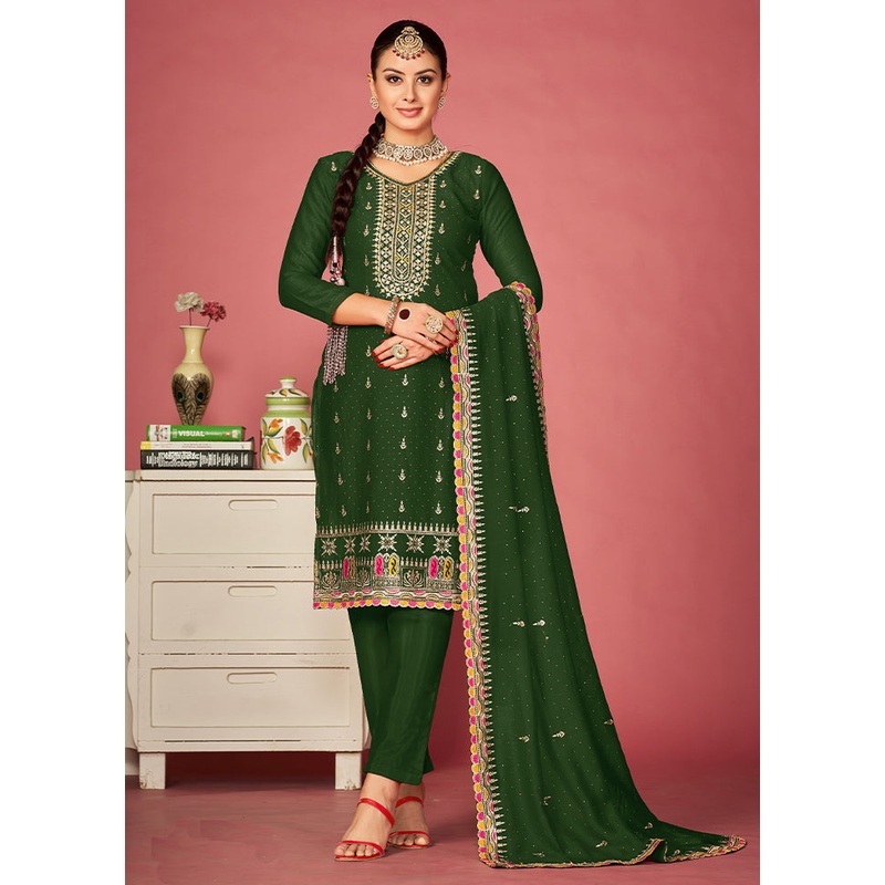 3 Pc Green Semi Stitched Silk Suit Set - JD986603812