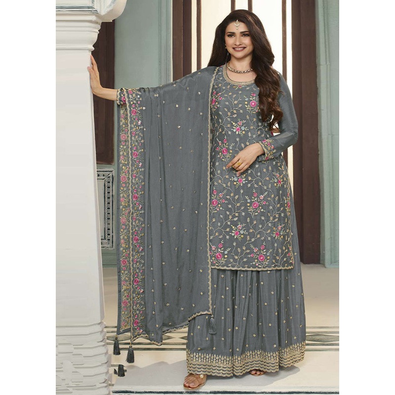 3 Pc Grey Semi Stitched Viscose Suit Set - JD986603811