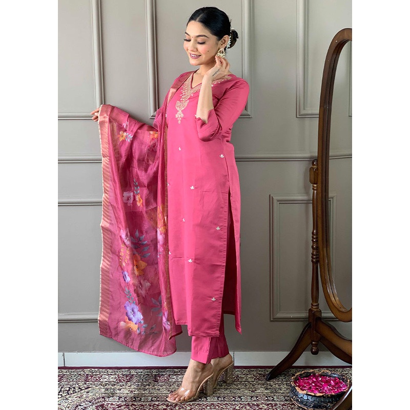 3 Pc Hot Pink Readymade Viscose Suit Set - JD986603699
