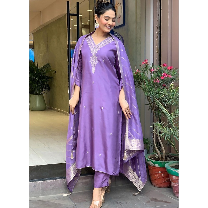 3 Pc Lavender Readymade Viscose Suit Set - JD986603697