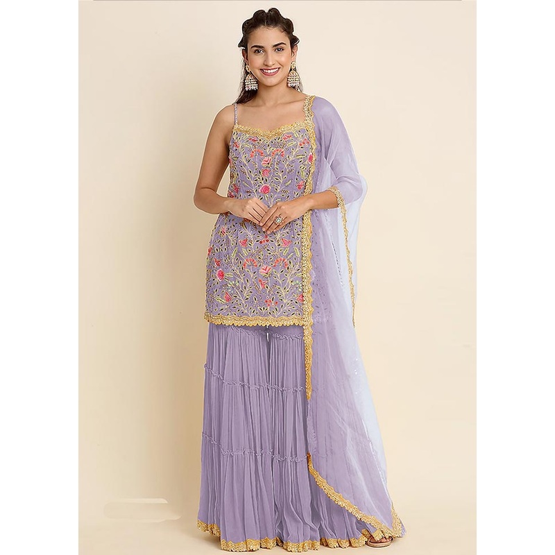 3 Pc Lavender Semi Stitched Georgette Suit Set - JD986603810