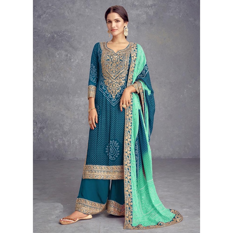 3 Pc Teal Semi Stitched Silk Suit Set - JD986603788