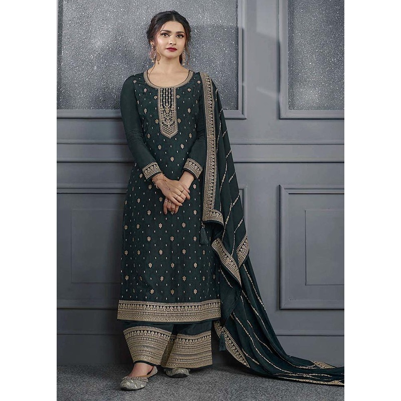 3 Pc Teal Semi Stitched Silk Suit Set - JD986603789