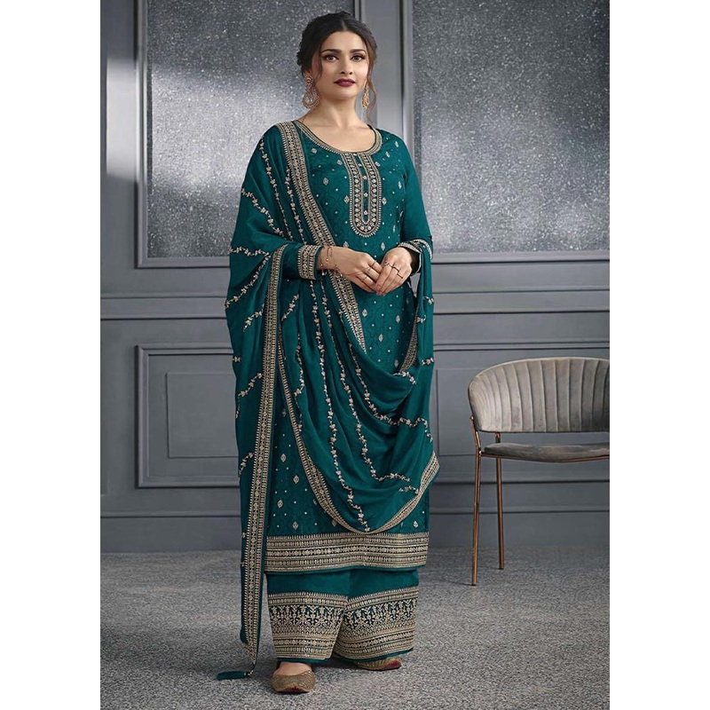 3 Pc Teal Semi Stitched Silk Suit Set - JD986603790