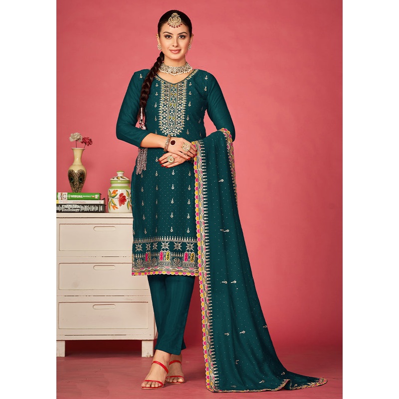3 Pc Teal Semi Stitched Silk Suit Set - JD986603791