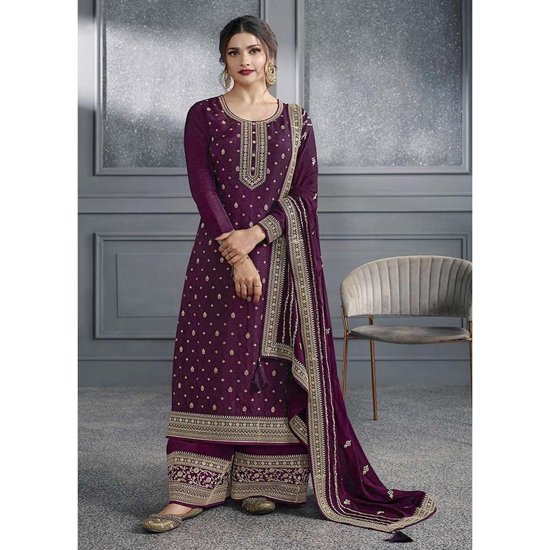 3 Pc Wine Semi Stitched Silk Suit Set - JD986603786
