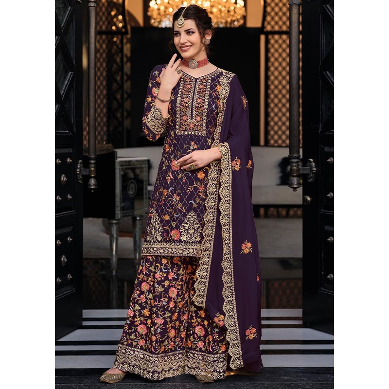 3 Pc Wine Semi Stitched Silk Suit Set - JD986603787