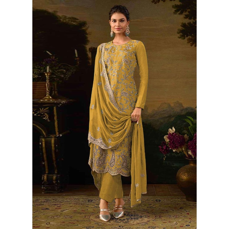 3 Pc Yellow Semi Stitched Silk Suit Set - JD986603783