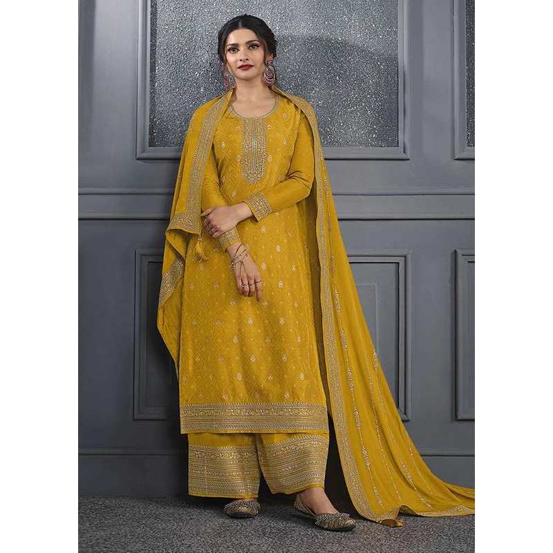 3 Pc Yellow Semi Stitched Silk Suit Set - JD986603784