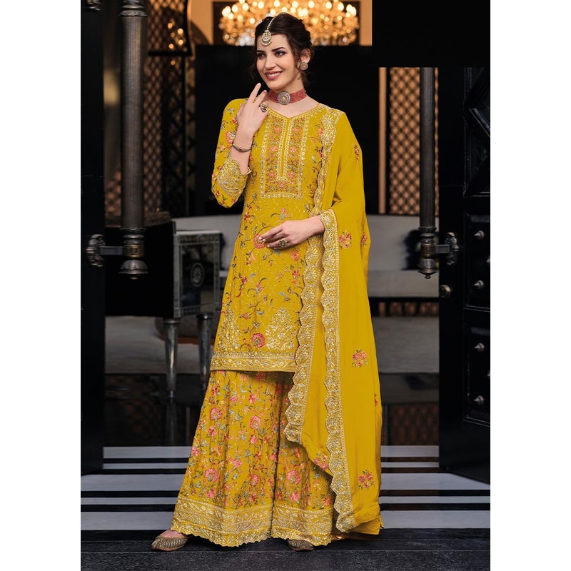 3 Pc Yellow Semi Stitched Silk Suit Set - JD986603785
