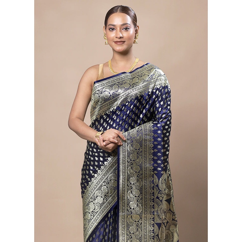 Blue Banarasi Silk Saree With Blouse Piece - JD986603782