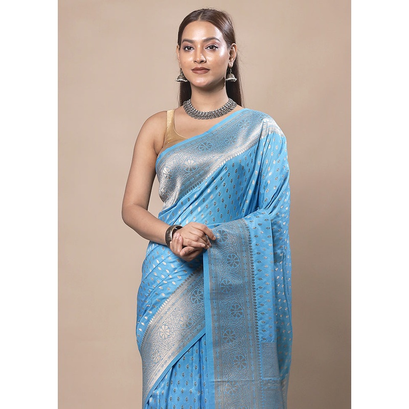 Blue Dupion Silk Saree With Blouse Piece - JD986603781