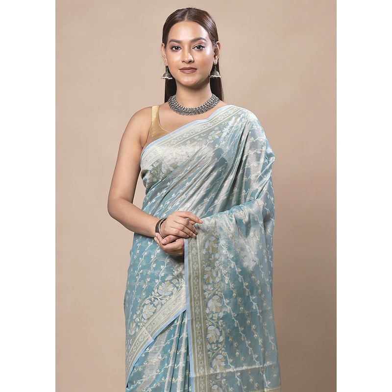 Blue Tissue Silk Saree With Blouse Piece - JD986603779