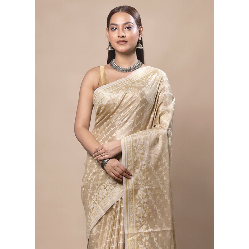 Cream Tissue Silk Saree With Blouse Piece - JD986603778