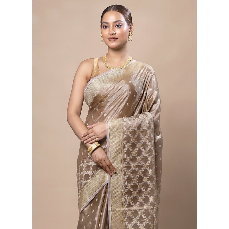 Golden Tissue Silk Saree With Blouse Piece - JD986603777