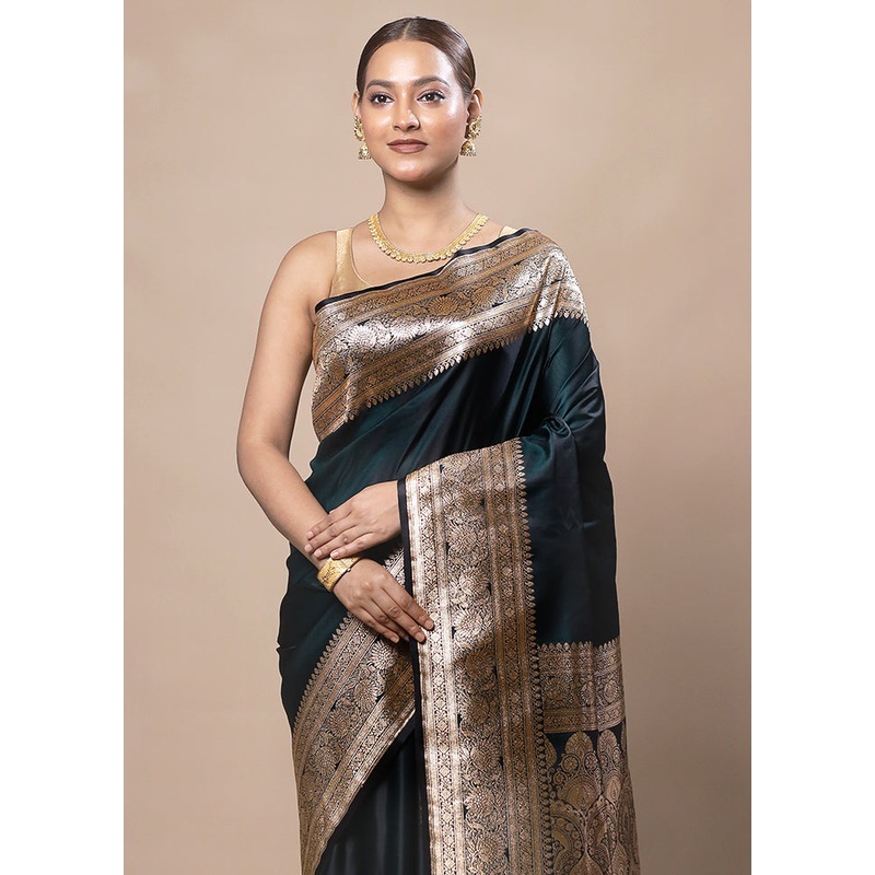Green Banarasi Silk Saree With Blouse Piece - JD986603775
