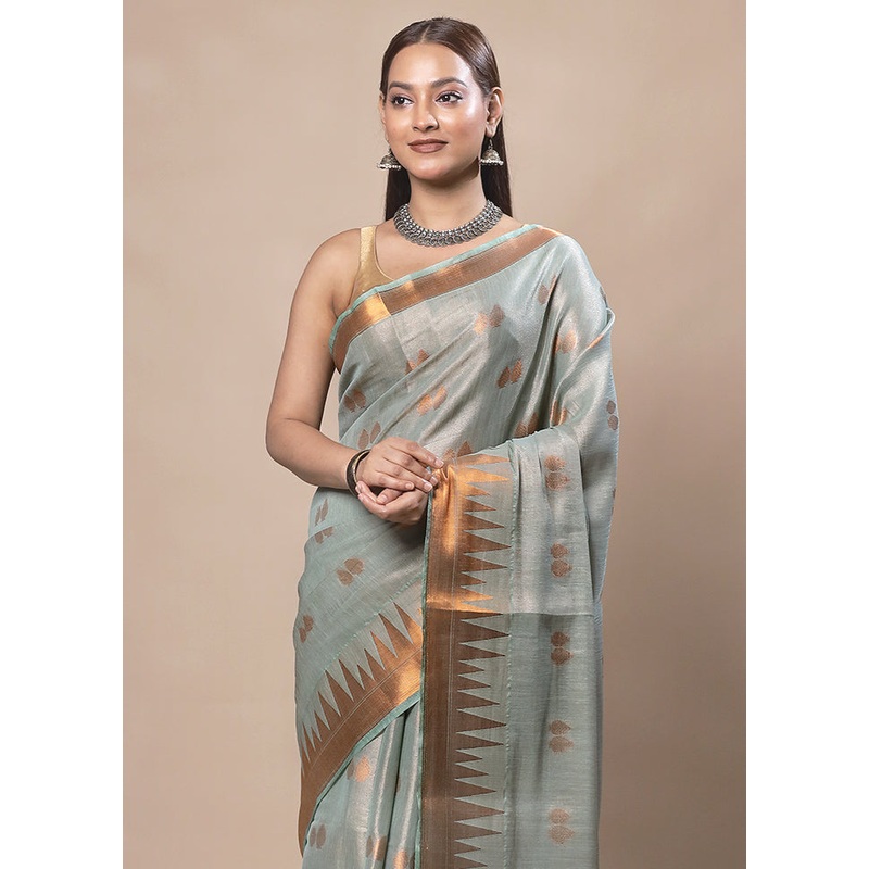 Green Tissue Silk Saree With Blouse Piece - JD986603766