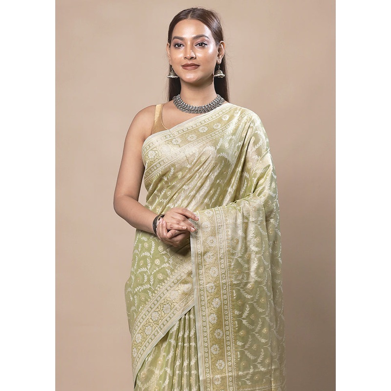 Green Tissue Silk Saree With Blouse Piece - JD986603767