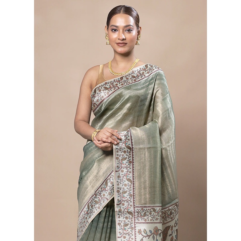 Green Tissue Silk Saree With Blouse Piece - JD986603768